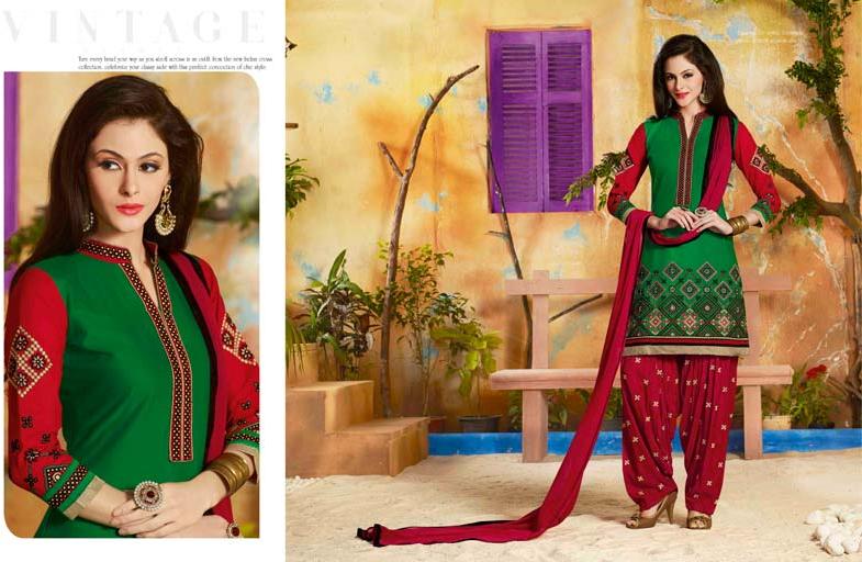 Cotton Embroidered Greenred Color Patiala Suit