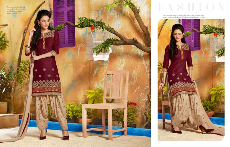 Cotton Embroidered Maroon Color Patiala Suit