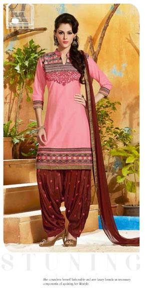 Cotton Embroidered Pink Color Patiala Suit