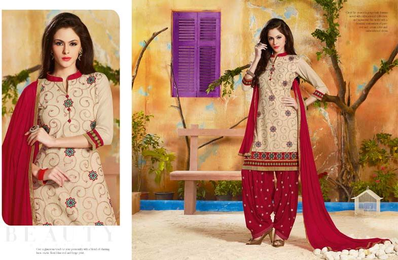 Cotton Embroidered Skin Color Patiala Suit