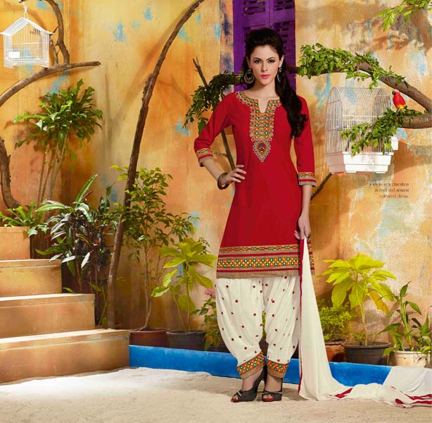 Cotton Embroidered White Color Patiala Suit