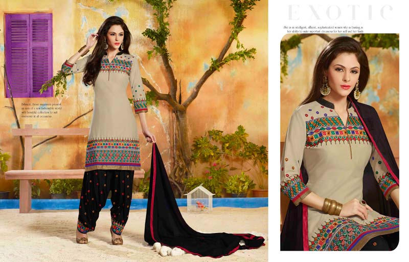 Cotton Embroidered Silverblack Color Patiala Suit