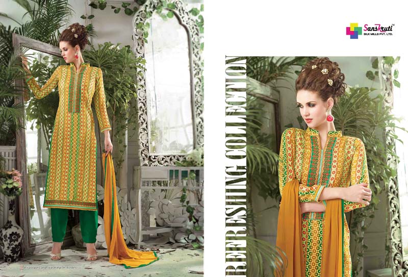Cotton Goldanred & Green Color Salwar Kameez