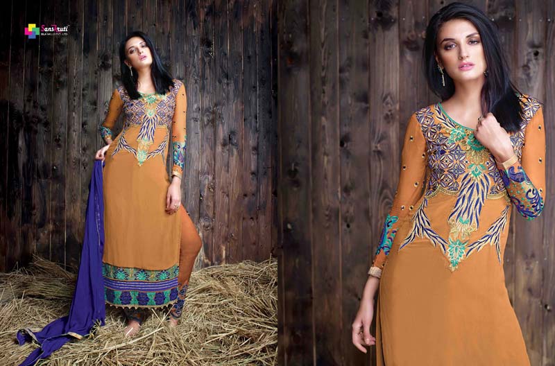 Embroidered Bronze & Indigo Color Super Straight Suit