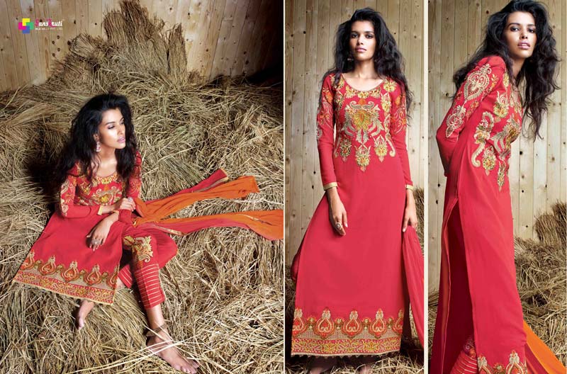 Embroidered Indianred Super Straight Suit