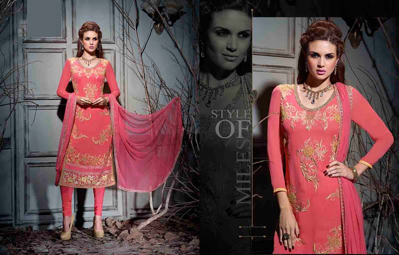 Long Cut Coral Color Embroidered Suit