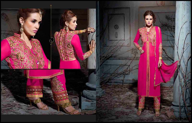 Long Cut Ruby Color Embroidered Suit-575