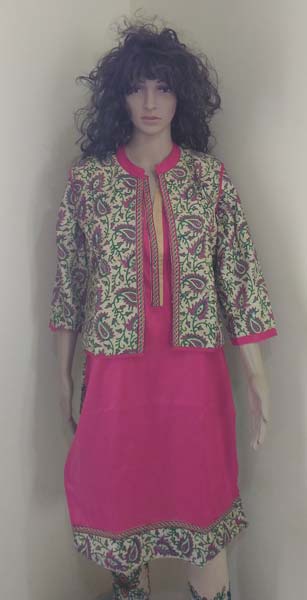 Jute Cotton Jacket Kurti, Color : Pink green print