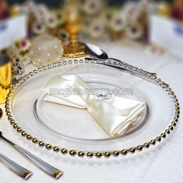 FANTASTIC: Round 13 Inch Faux GlassPlastic Charger Plates With Beaded Finish 6-pcs, Beads Gold 