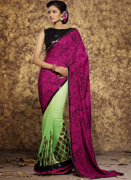 Parrot Green & Pink Color Viscose Fabric Saree-101