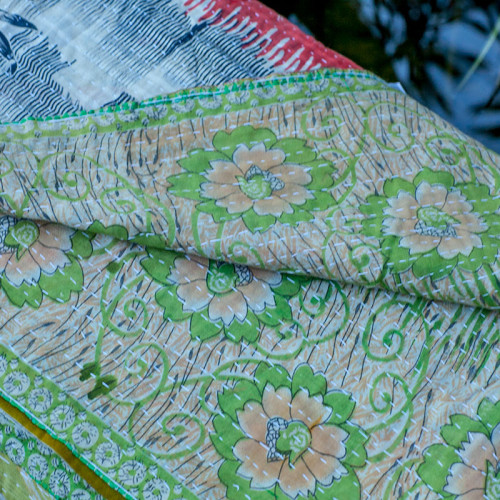 Handmade Flower Print Twin Kantha Quilt