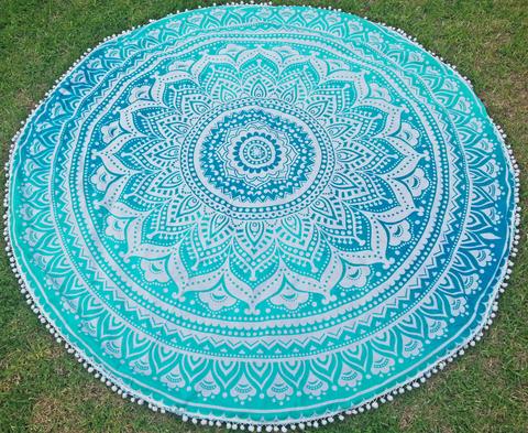 Hippy Blue ombre Print Indian Mandala Round Tapestry Beach Throw Towel