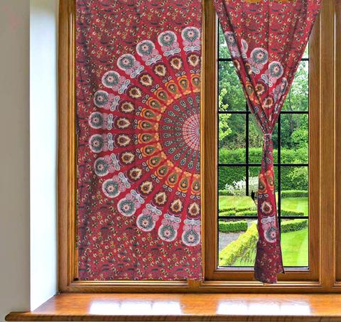 Hippy Red Indian Mandala Print Wall Curtain Cotton Window Curtain
