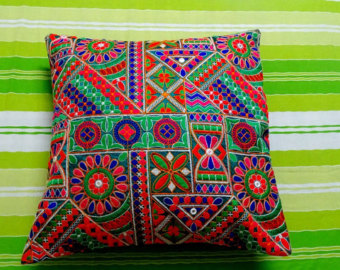 Indian Embroidered Patchwork Cotton Cushion Cover, Size : 17 X 17 INCH