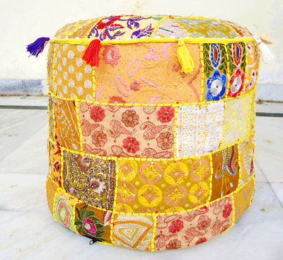 Indian Handmade Round Patchwork Embroidered Patchwork Pouf Cover