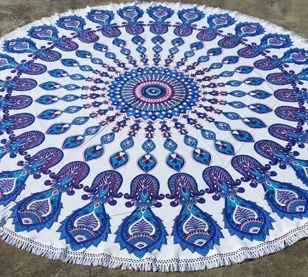 Indian Mandala Blue Fish Design Round Tapestry Beach Throw Towel