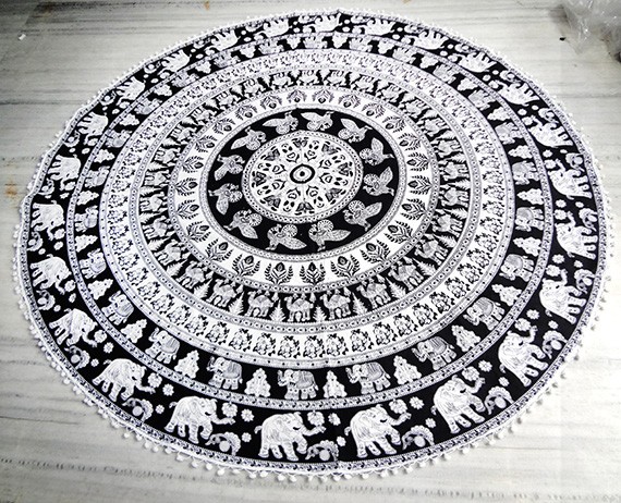 Indian Mandala Elephant Print Round Tapestry Beach Throw Towel