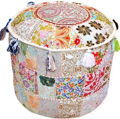 Indian Round Patchwork Embroidered Multi Ottoman Patchwork Pouf cover
