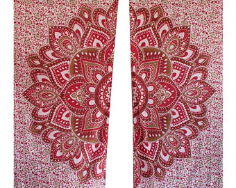 Red Indian Mandala Handmade Floral Window Curtain