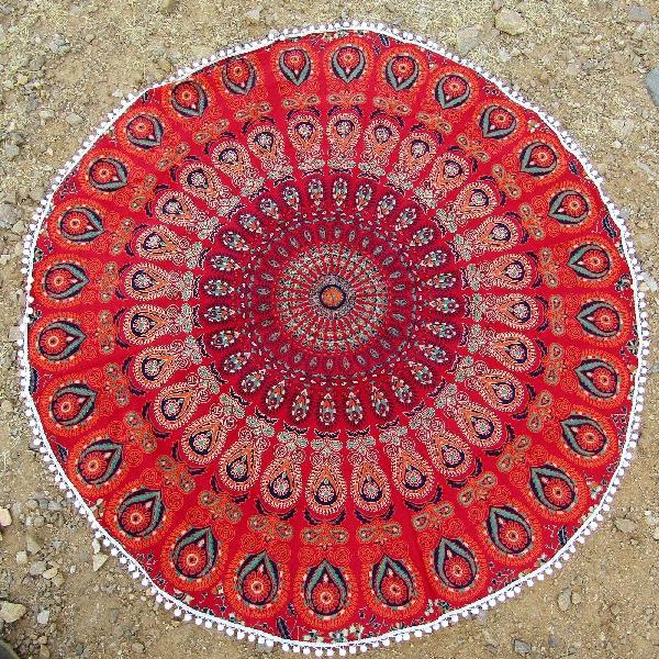 Red Peacock print Indian Mandala Round Tapestry Beach Throw Towel