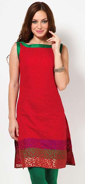 sleeve-less self pattern red kurti