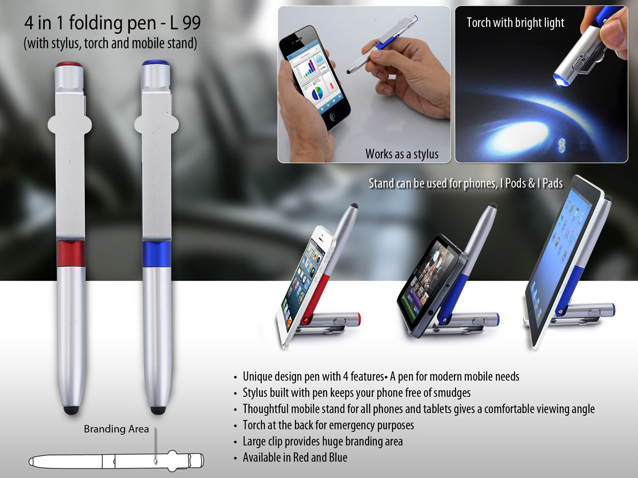 4 in 1 Folding Pen with Stylus, Torch and Mobile Stand