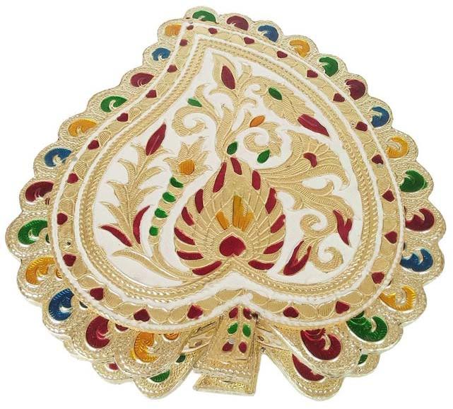 Golden Leaf Shaped, Peacock Designed Hand-made Meenakari Decorative Pl
