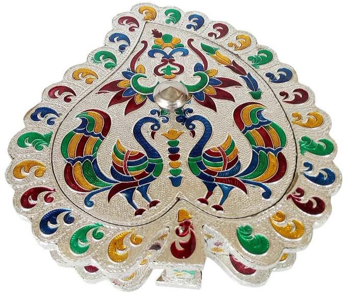 Silver Leaf Shaped, Peacock Designed Hand-made Meenakari Decorative Pl