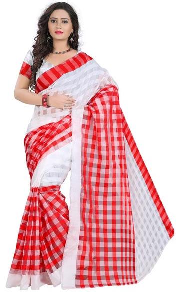 Kanani Brother White Red Cotton Sarees, Speciality : Party Wear