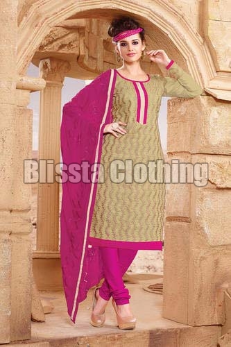 Beige & Pink Party Wear Embroidered Suit