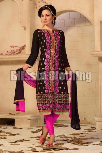 Black & Pink Chanderi Embroidered Suit