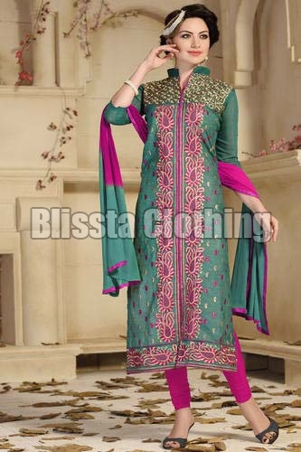 Green Chanderi Embroidered Suit