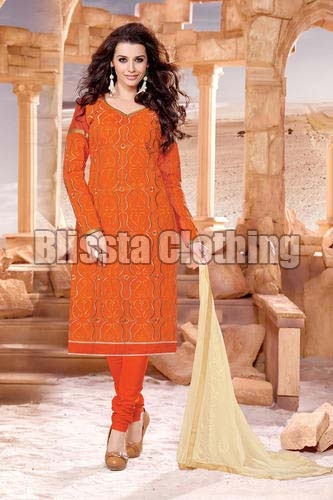 Blissta Orange Embroidered Dress Material
