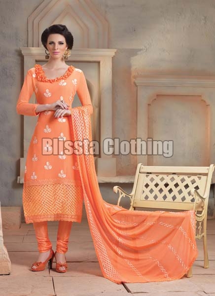 Orange Embroidered Dress Material