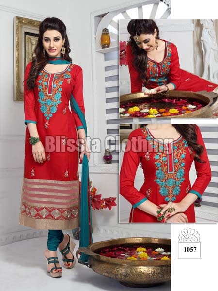 Red Embroidered Chudidar Suit