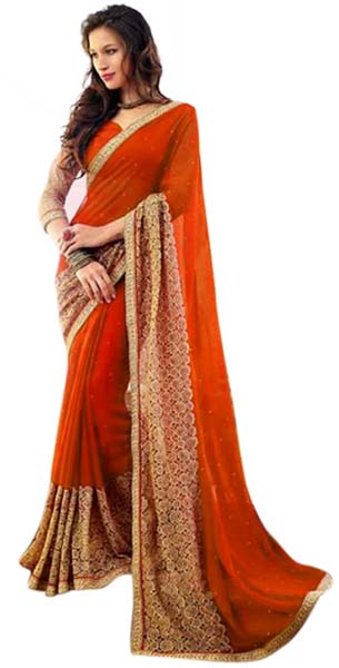 Designer saree in chiffon in orange with diamonds and net border with designer blouse piece