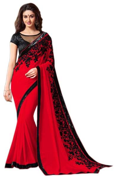 Georgette Floral Embroidery Red Saree, Style : Free