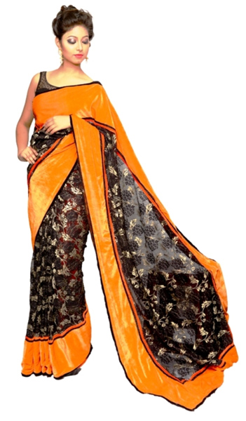 Black Fancy Net  with Orange Velvet Border Saree