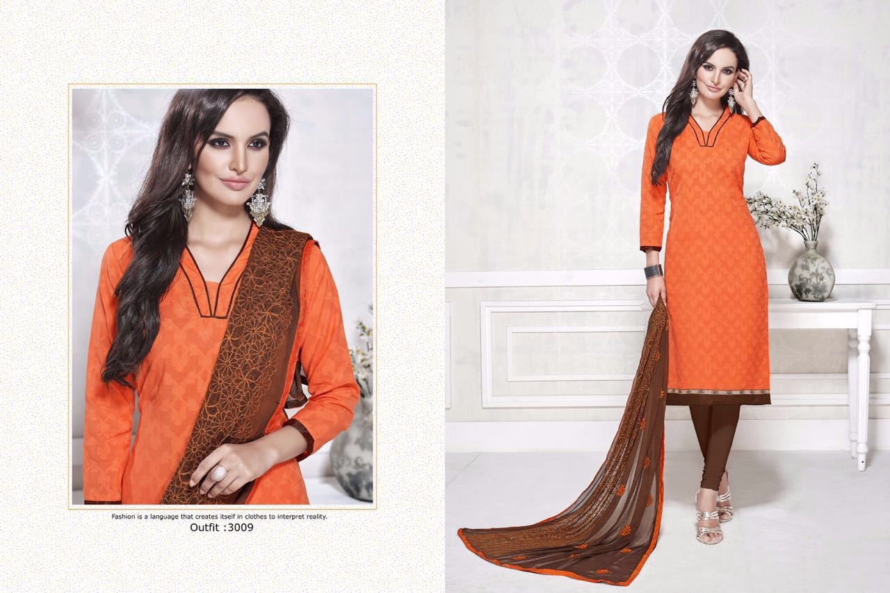 Orange and Brown cotton dress material, for Casual wear