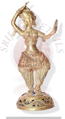 Brass / Bell Metal Dokra Dancing Lady Statue, Color : Golden Yellow