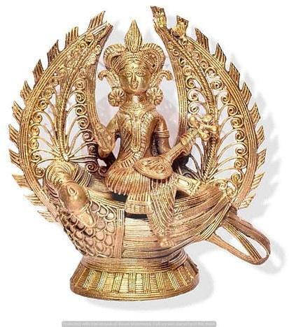 Brass / Bell Metal Dokra Saraswati Statue, for Decoration, Color : Golden Yellow
