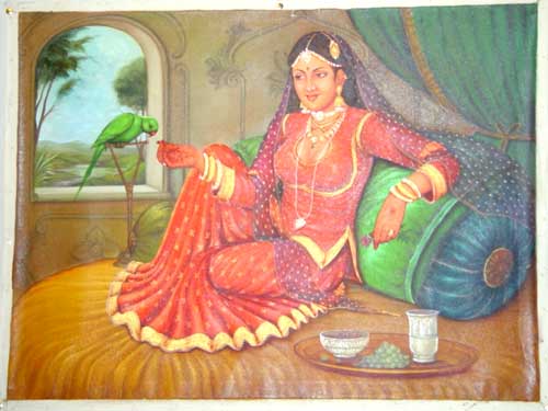 Lady Giving Food to Parrot Painting