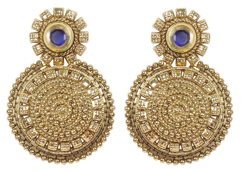 Indian Beautiful Antique Gold Polished With Blue Crystal Round Shape Earrings
