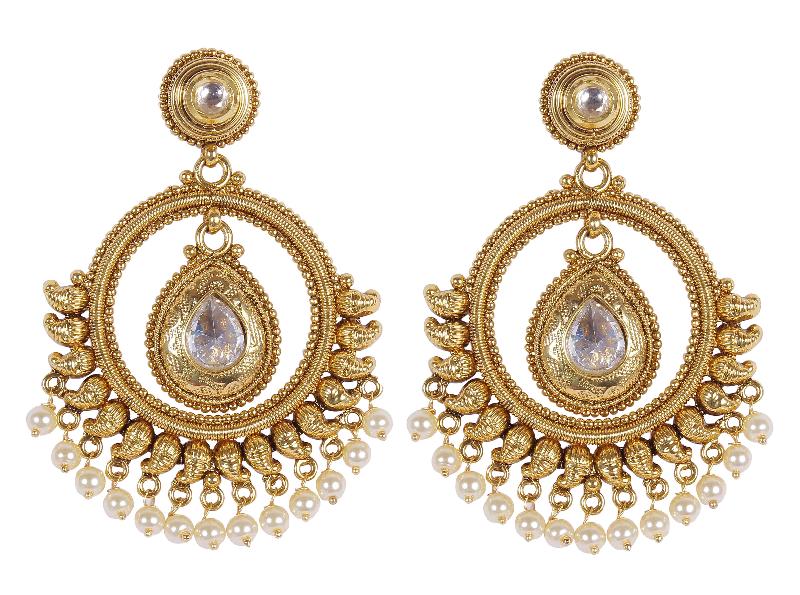 Indian Beautiful Antique Gold Polished With White Stone & Pearl Earrings