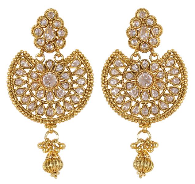 Indian Beautiful Antique Gold Polished With White Crystal Earrings