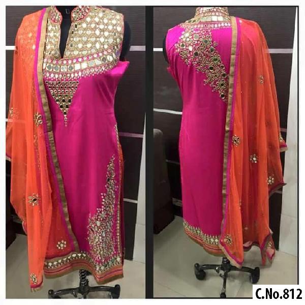 PINK GEORGETTE REAL MIRROR WORK STRAIGHT CUT SUIT