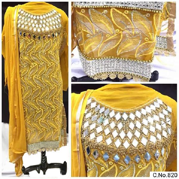 YELLOW COLOR GEORGETTE EMBROIDRED REAL WORK STRAIGHT SUIT