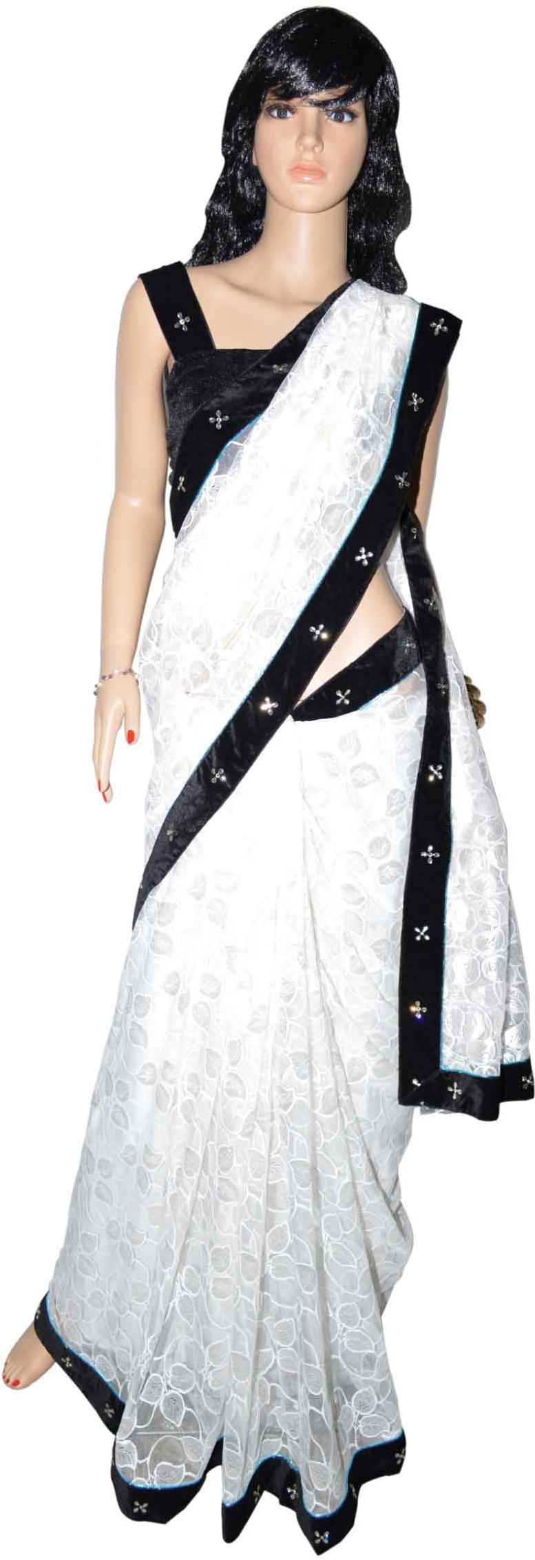 Net Saree with Black Velvet and Sequins Border