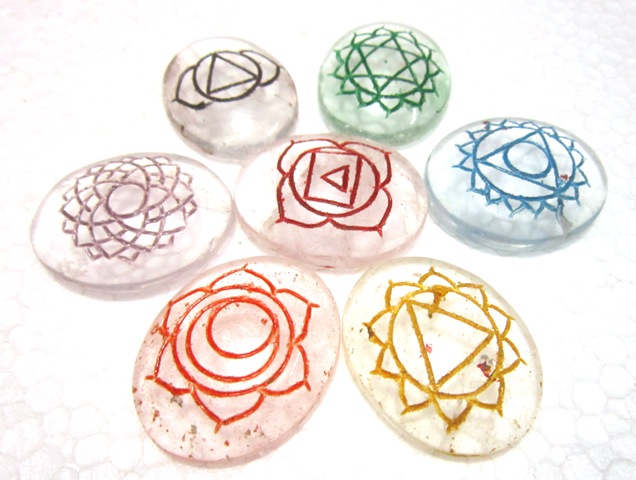 Crystal Quartz Engraved Chakra Colourful Oval Set