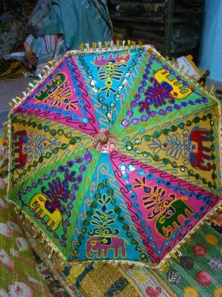 Round Rajasthani Umbrella Elephant Embroidery 2, for Protection From Sunlight, Size : 24 inch